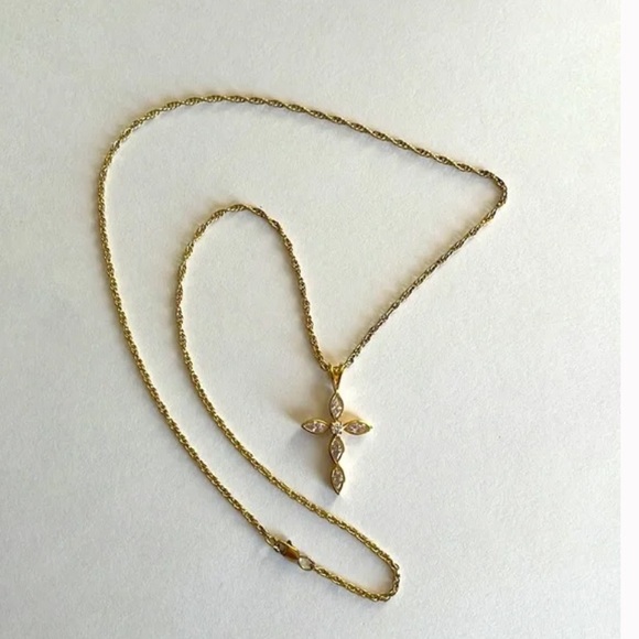 Crystal Cross Pendant on Gold Overlay 925 Sterling Silver Necklace - Picture 3 of 7